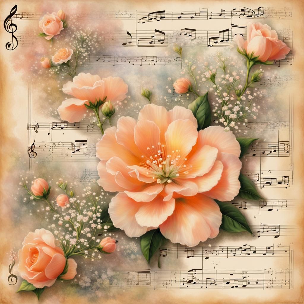 Peach Flower Still Life on Sheet Music