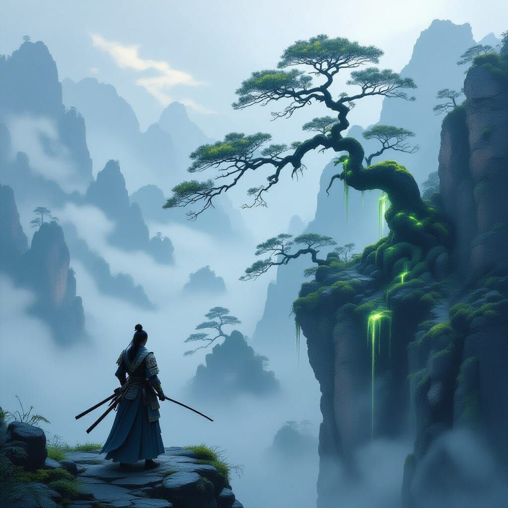 Samurai Warrior Overlooks Misty Valley in Fantasy Art Style