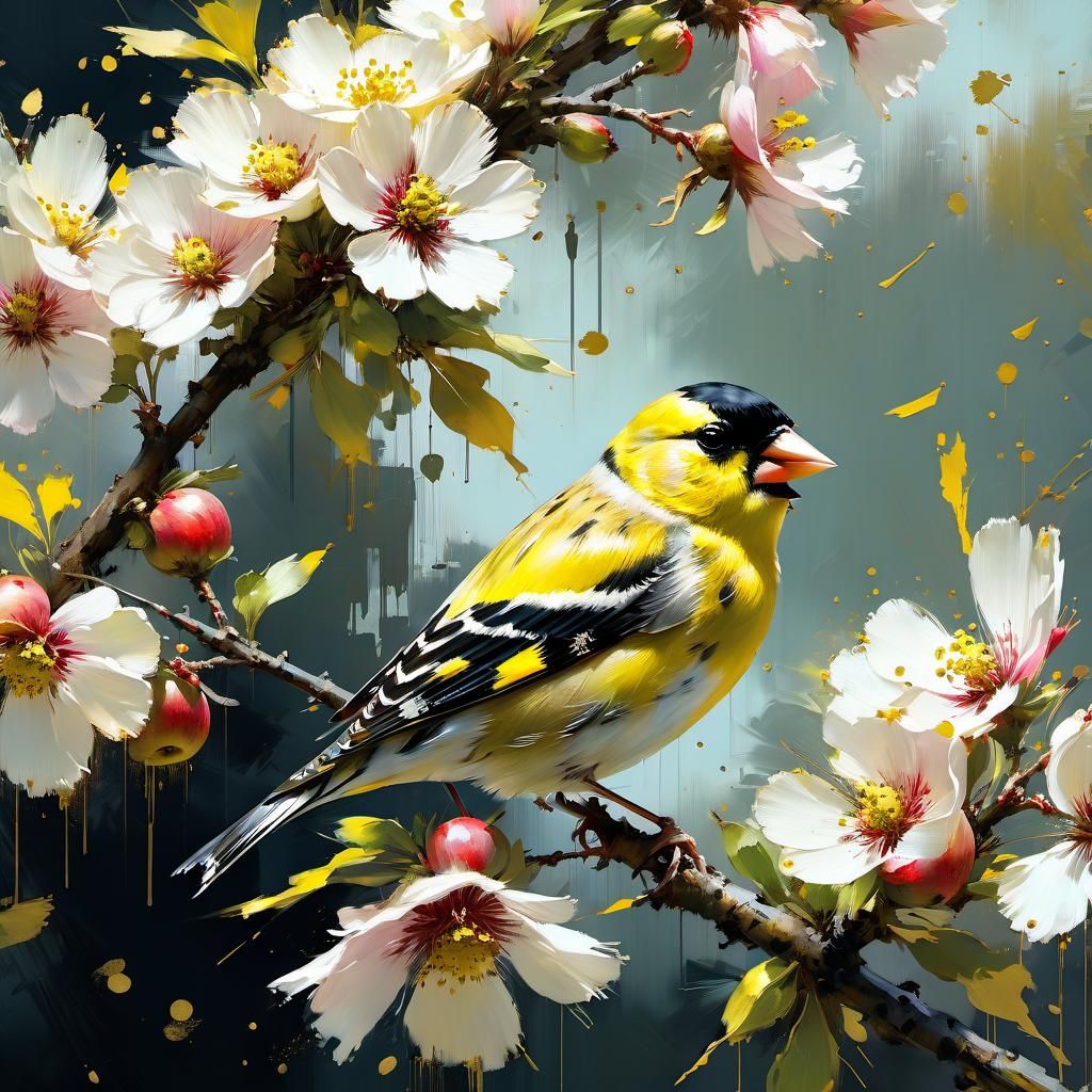 Goldfinch on Apple Blossom Tree: Matte Painting