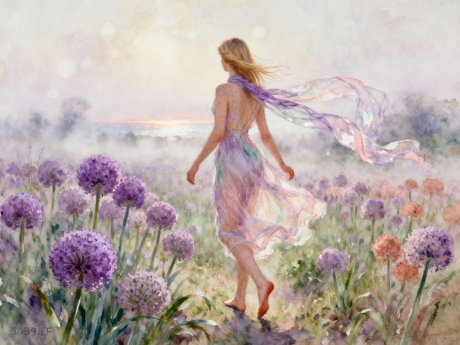 Woman in Fog with Flowering Garlic Field