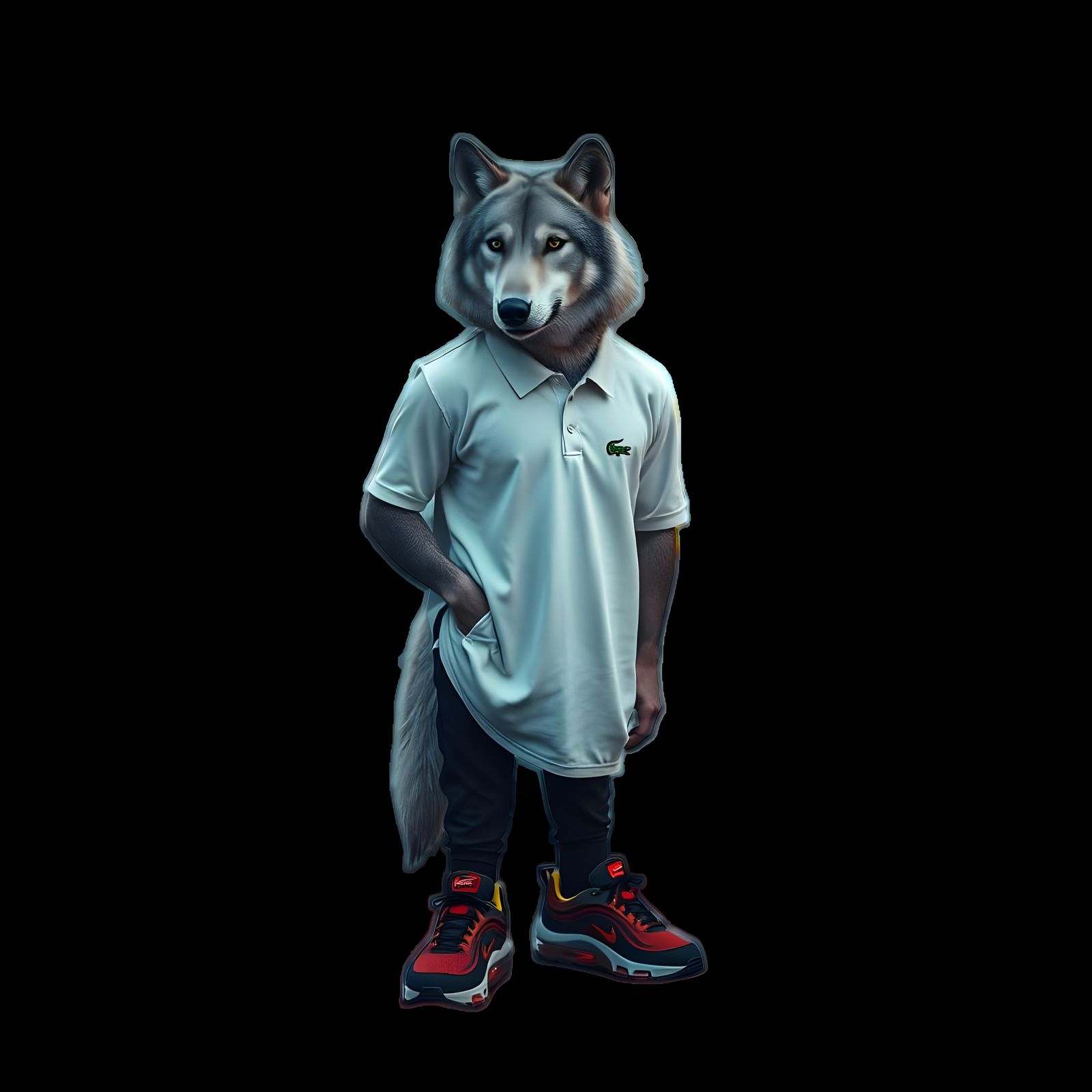 Anthropomorphic Wolf in Luxury Streetwear at Dusk