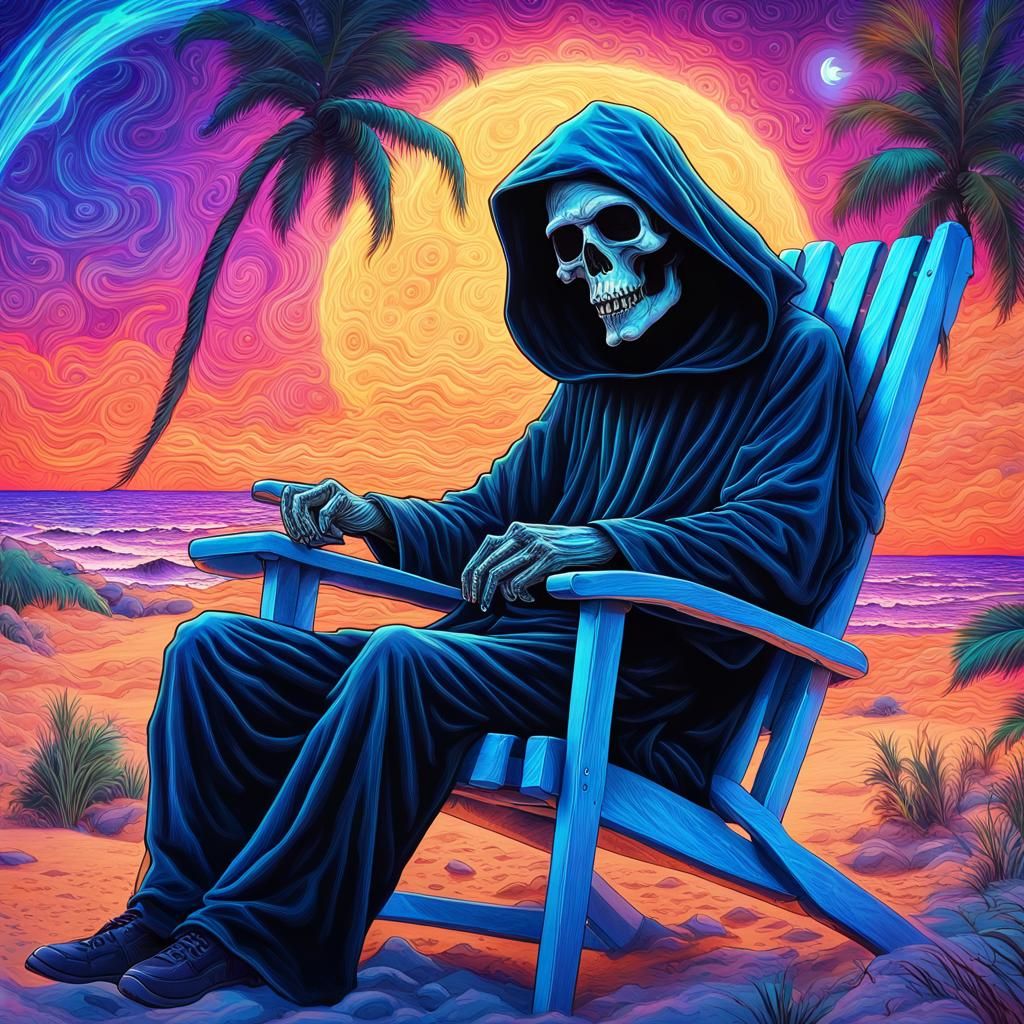 Grim Reaper's Beach Vacation: Cosmic Illustration