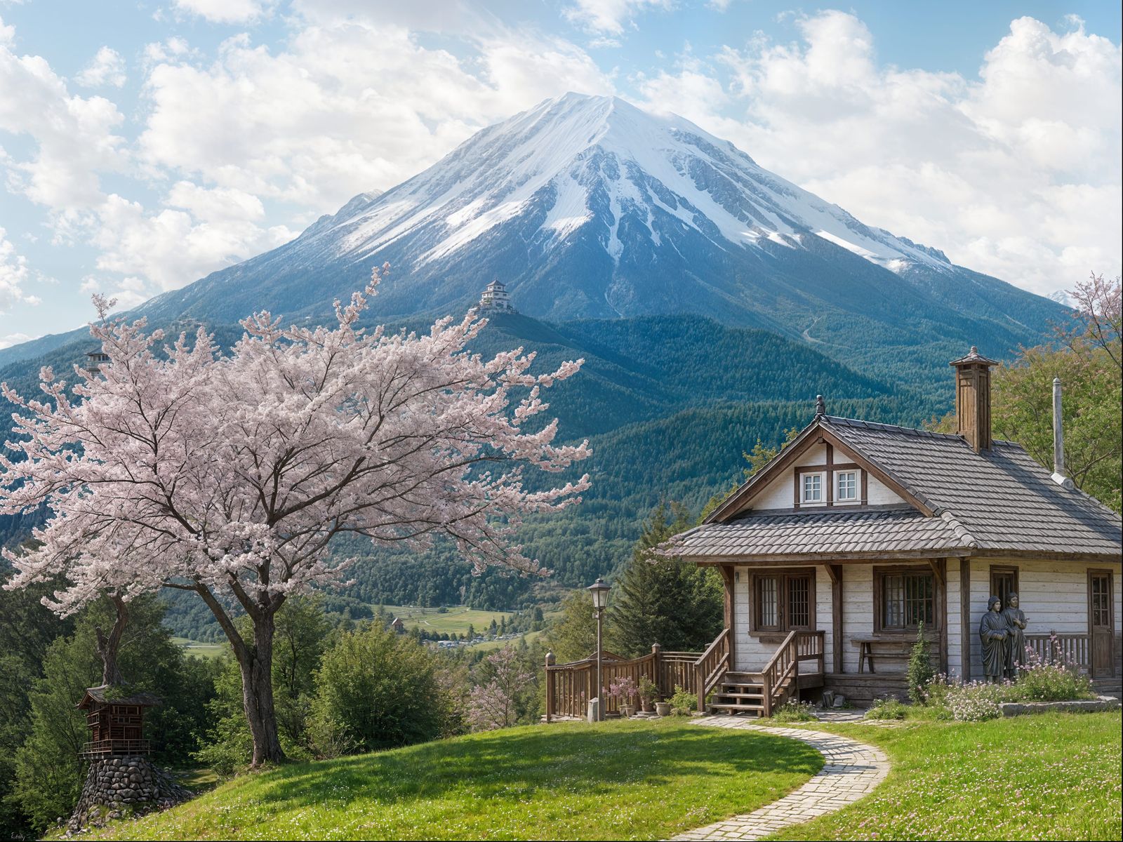 Cherry Blossom Cottage in Serene Mountain Landscape