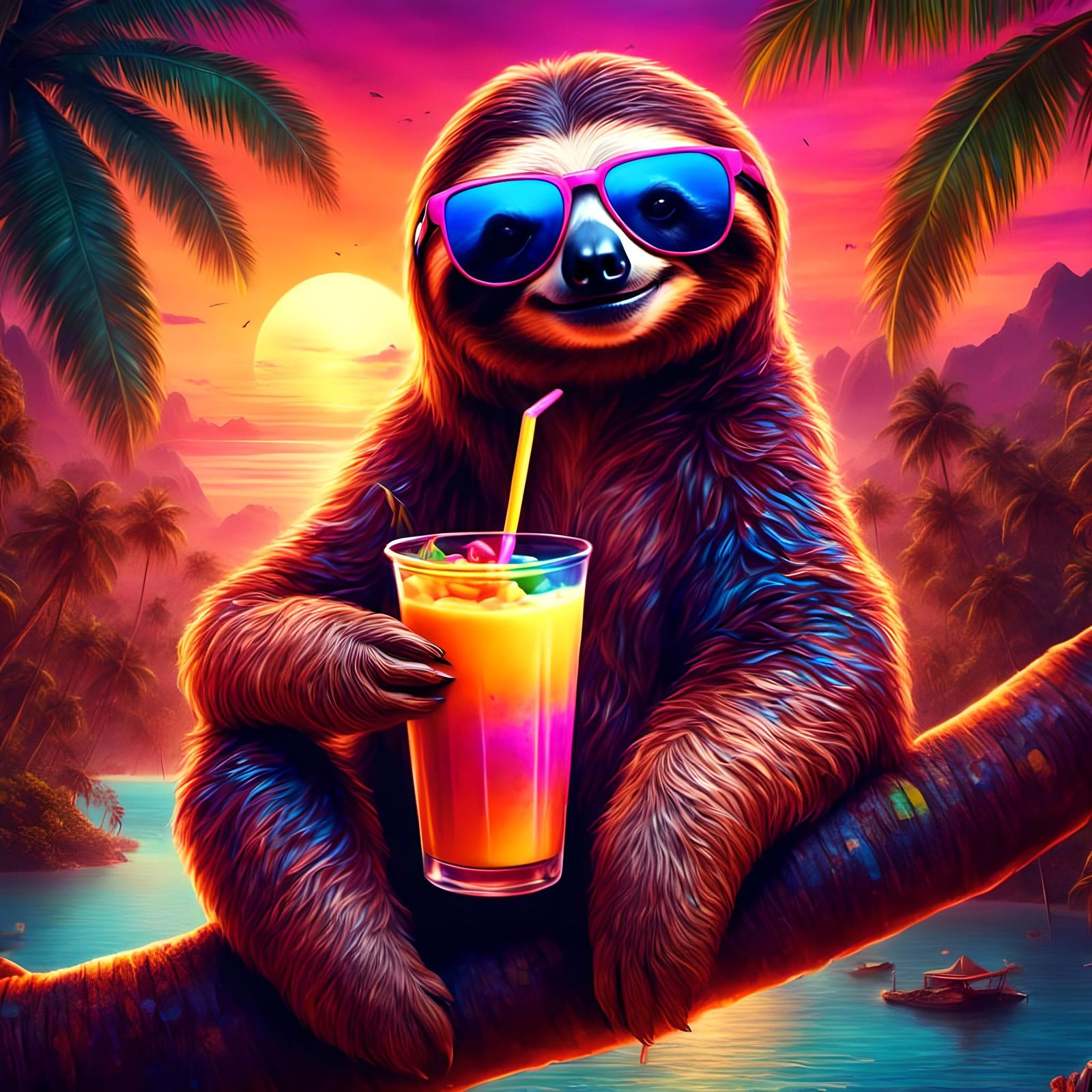 Sloth in Sunglasses Sipping Smoothie at Sunset