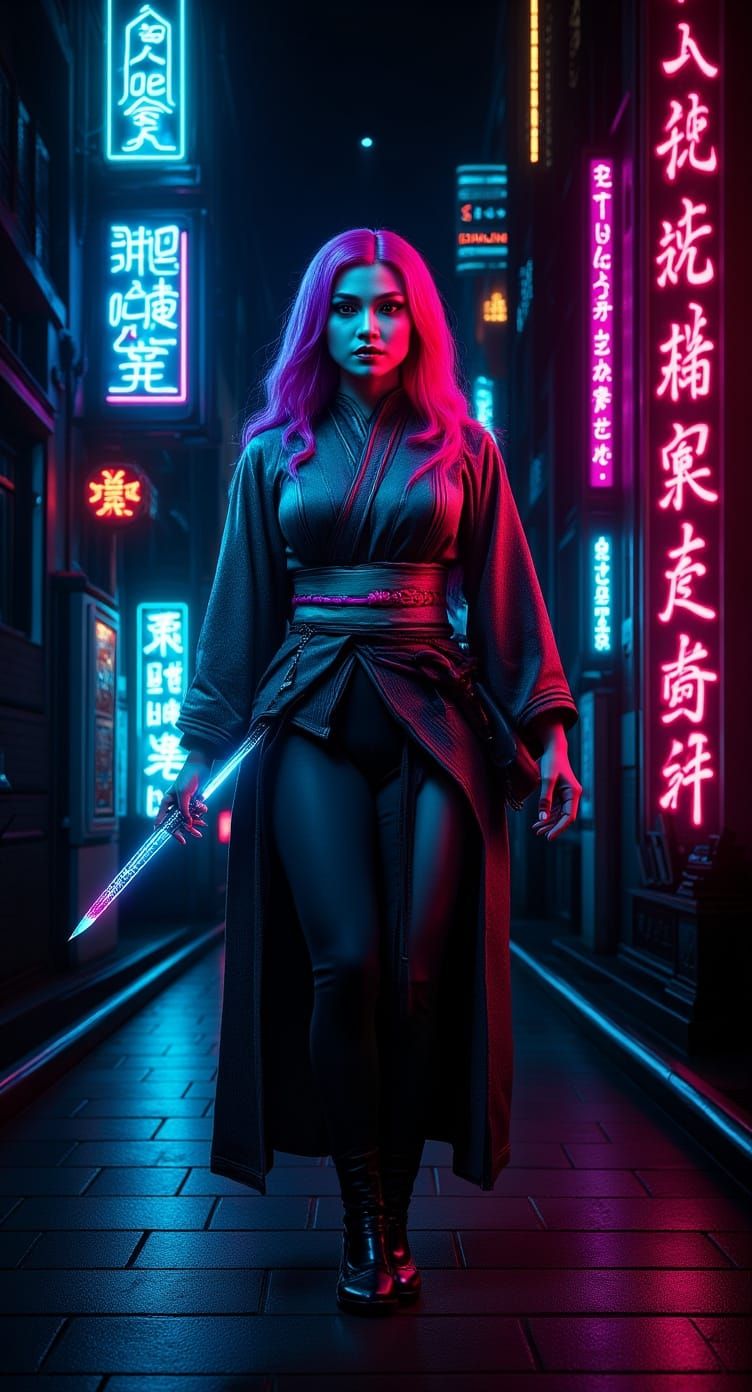 Cyberpunk Geisha with Katana in Neon Alley