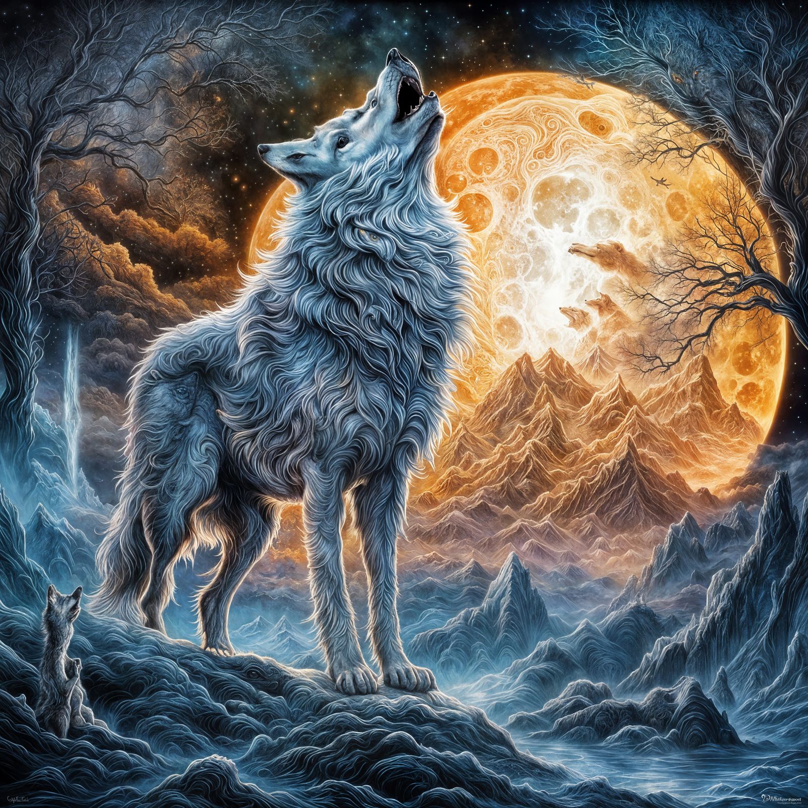 Fantasy Wolf Howling at the Moon: Double Exposure Art