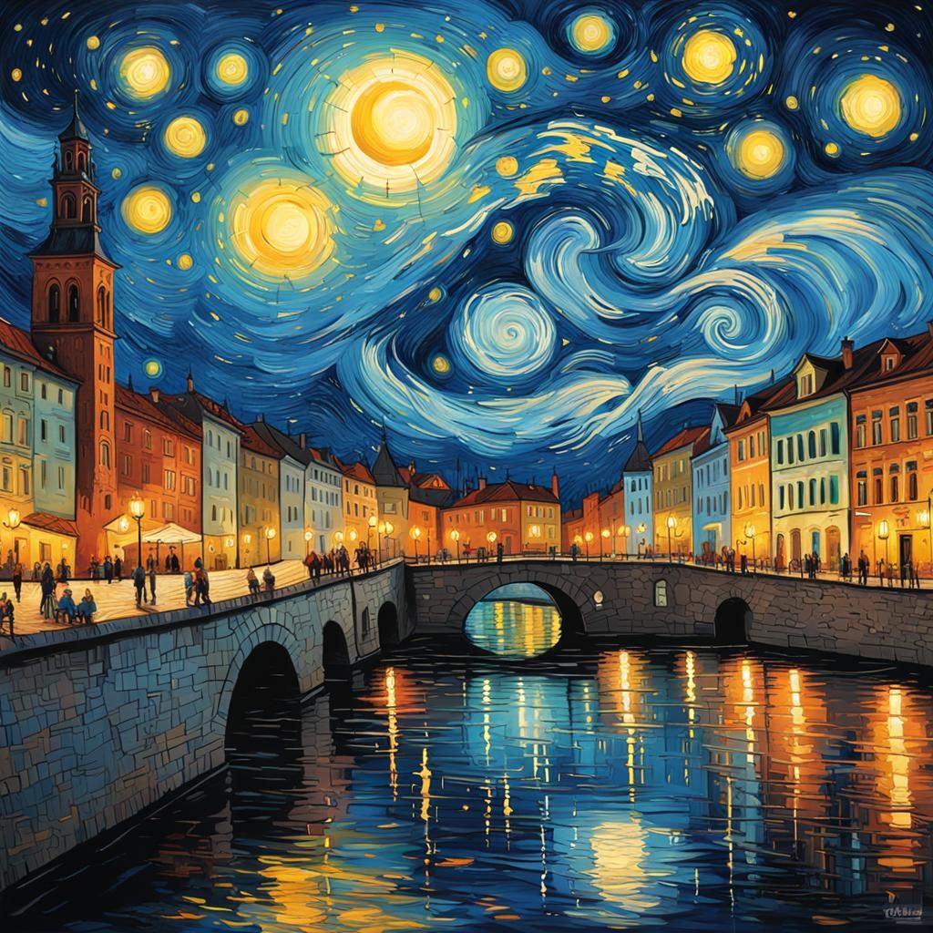 Krakow by Night in Van Gogh Style