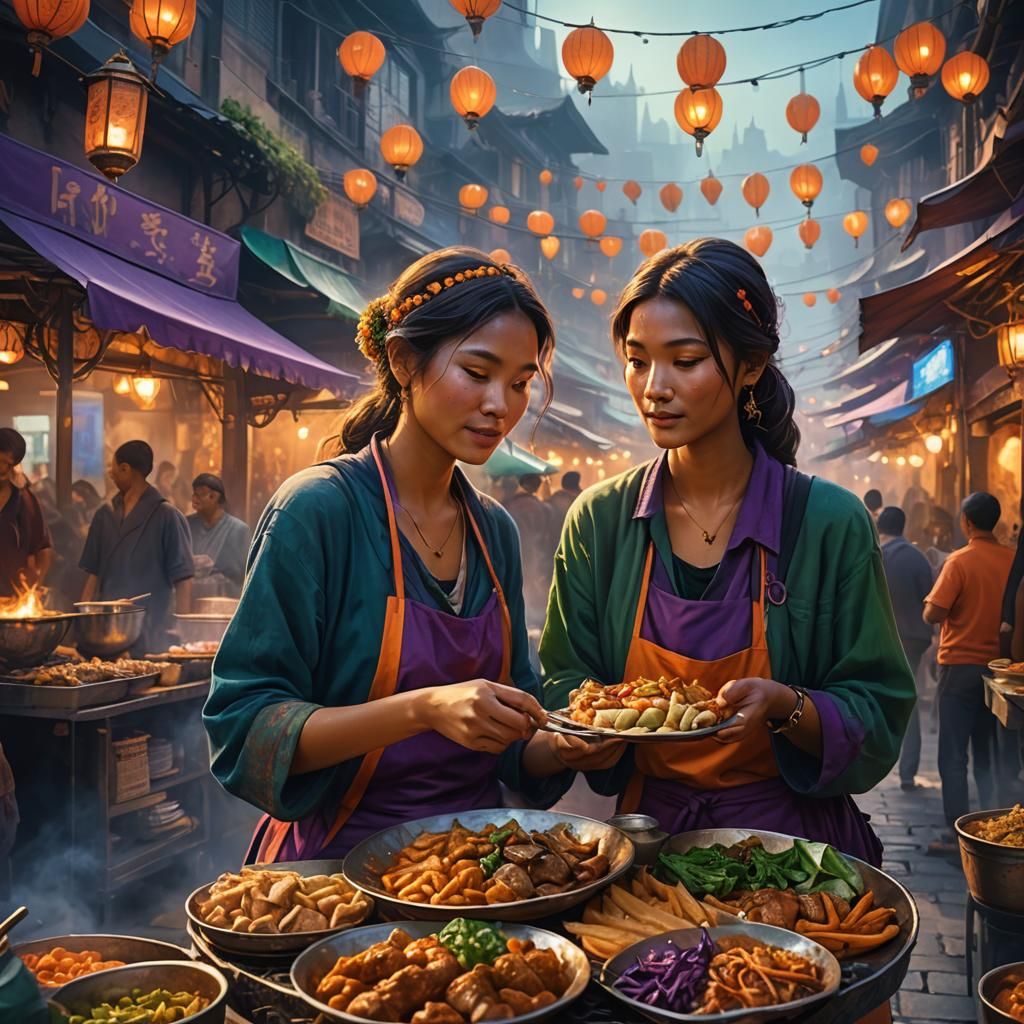 Fantasy Street Food Market in Digital Painting Style