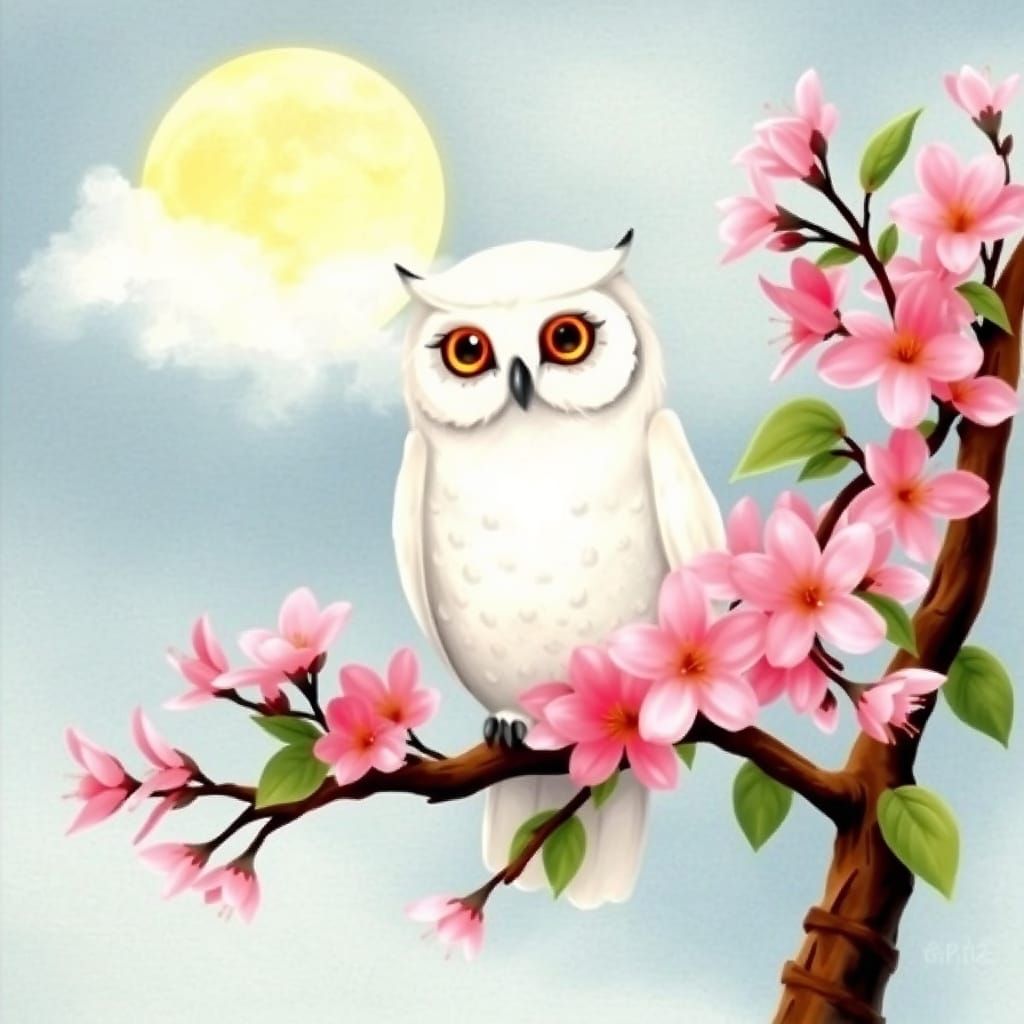 A Wise White Owl Perched on Blossoming Branch Under Moonligh...