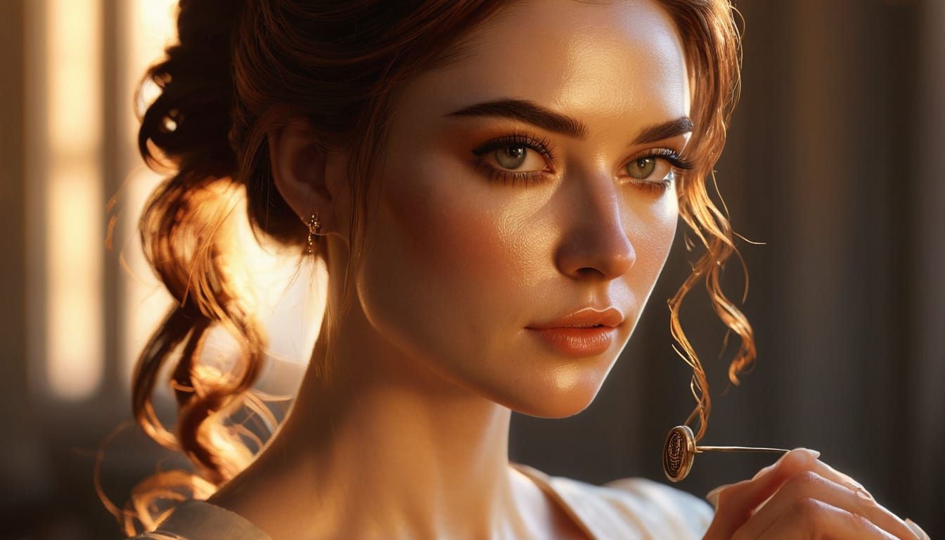 Hyperrealistic Portrait of a Young French Woman Sewing