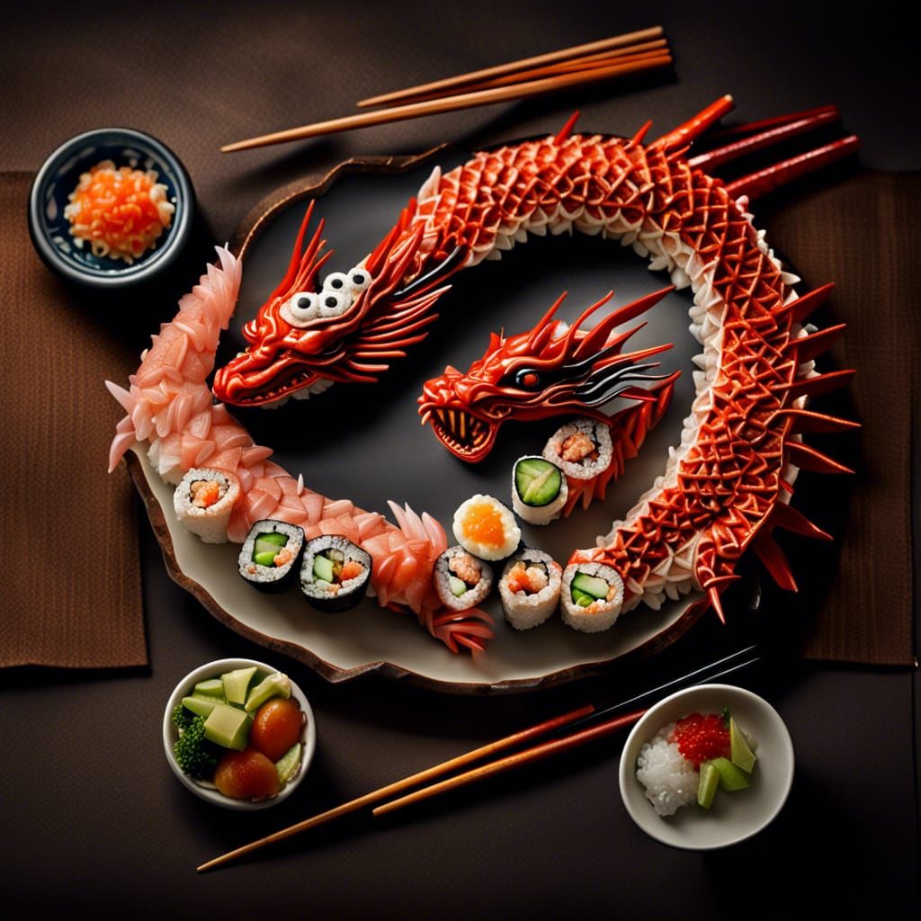 Hyperrealistic Sushi Dragon with Chopsticks