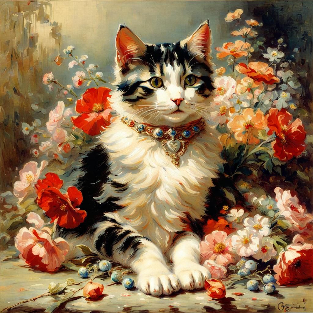 Cute Cat Surrounded by Flowers in a Clairin Style