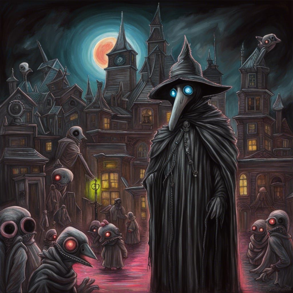 plague doctor standing under a neon moon