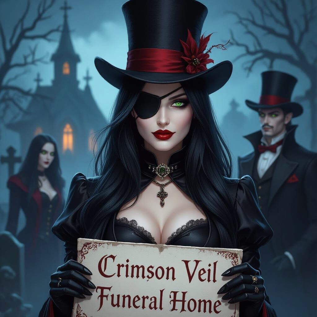 Gothic Vampire Lady with Top Hat and Sign