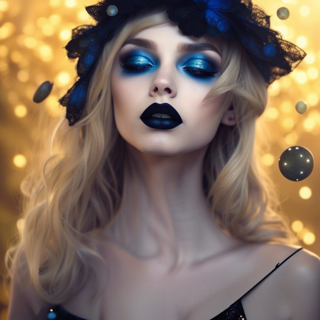 Innocent youthful gothic good witch with very innocent looking face& Beautiful blonde hair& Blue eyes& smoky black eyesh...