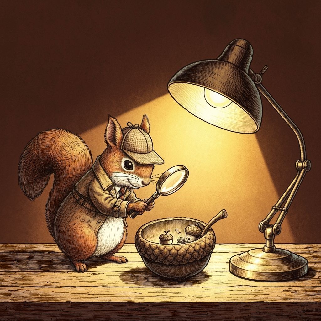 A mischievous squirrel wearing a tiny detective's hat and tr...