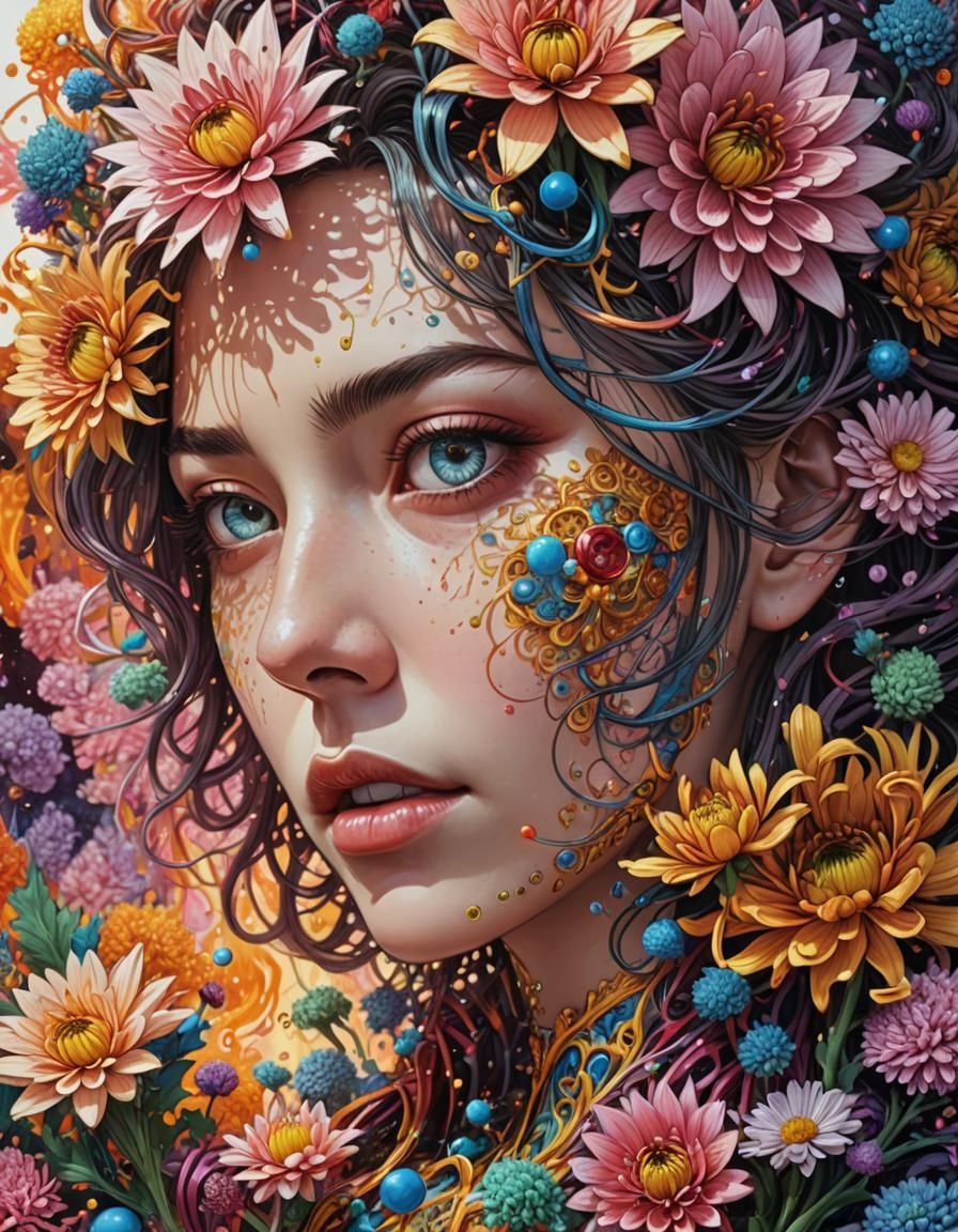 Burning Chrysanthemums: Intricate Pen Drawing in Lush Colors