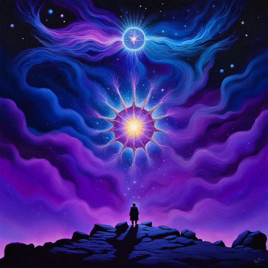 Contemplative Figure Gazing at Electric Purple Star