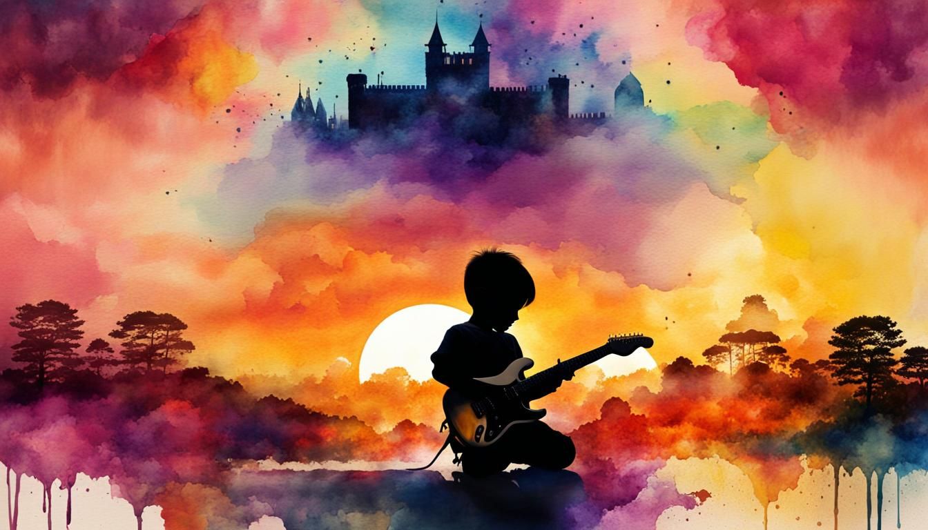Silhouette Guitarist in Fantasy Watercolor Realm