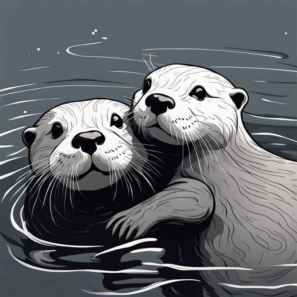 Otters Holding Hands in Black and White Line Art