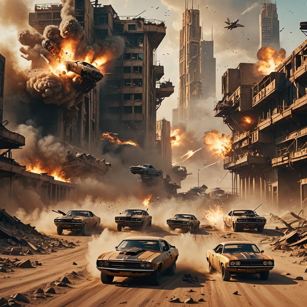 Post-Apocalyptic Muscle Car Chase in Digital Matte Painting