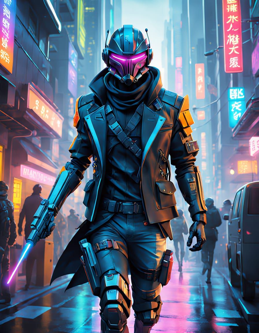 Cyberpunk Bounty Hunter in Futuristic Cityscape