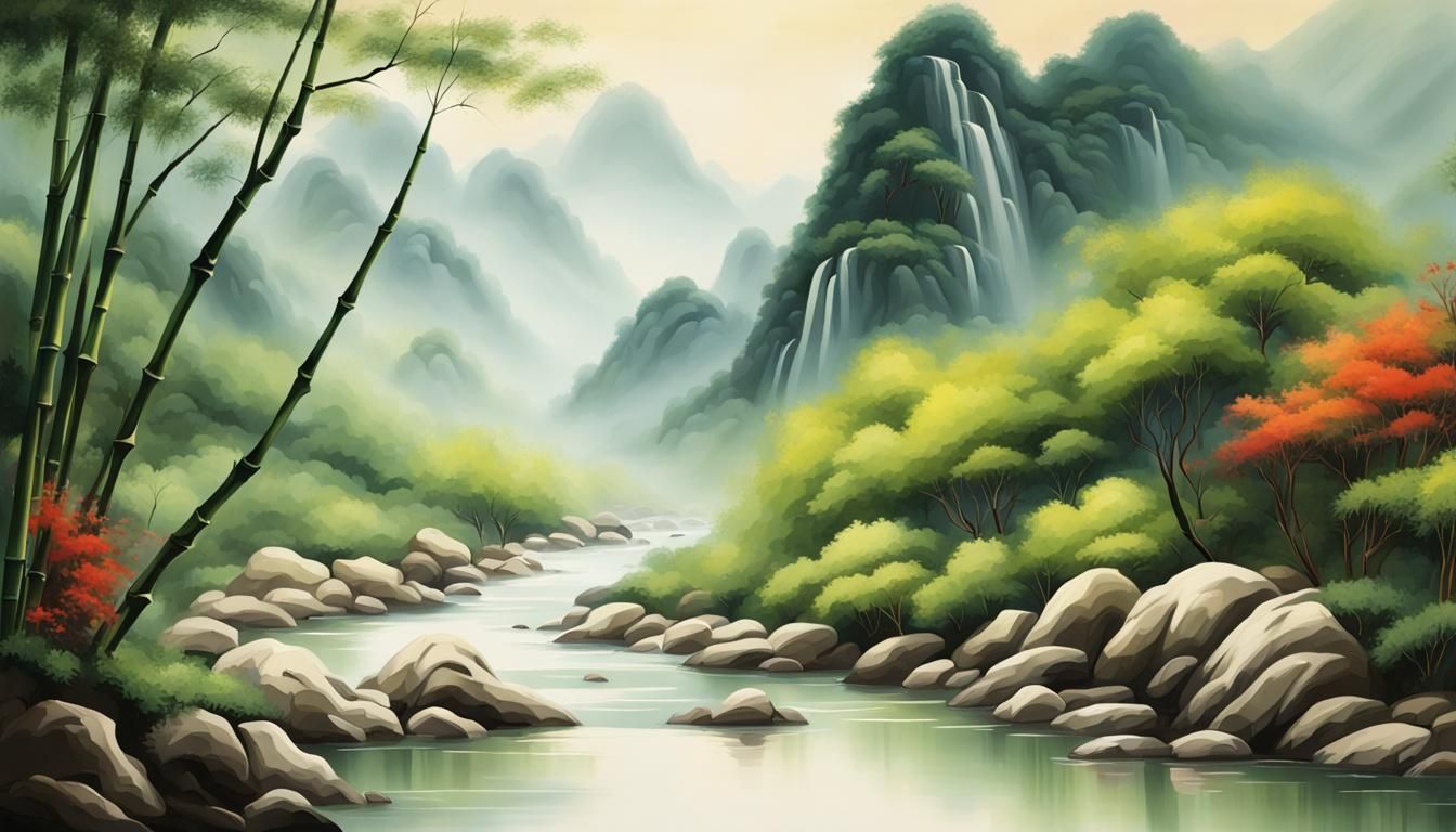 Bamboo Forest Stream in Chinese Oil Painting Style