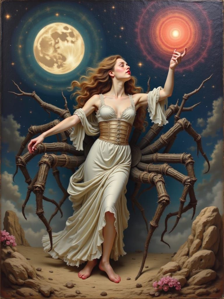 Surreal Spider Queen in DMT Swirls and Cosmic Night