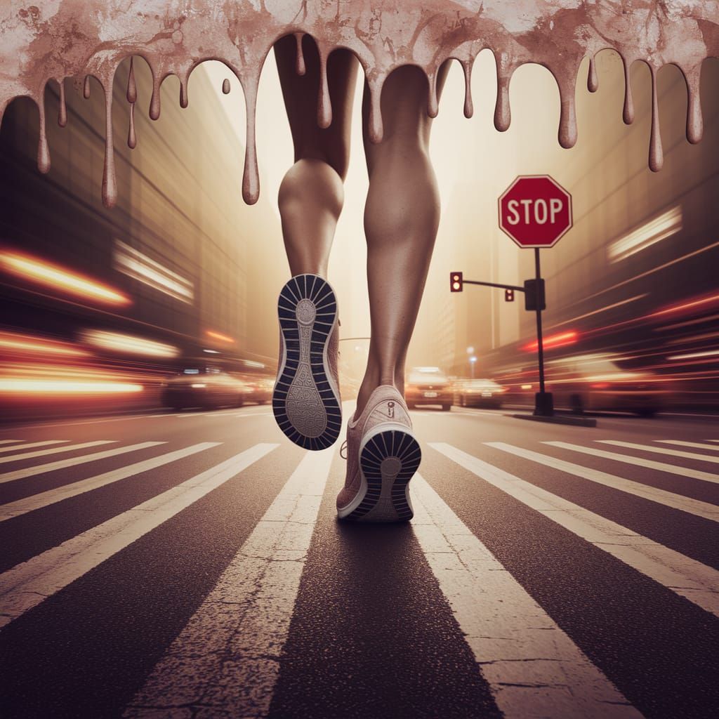 Surreal Feet on Busy Road in Dreamlike Style