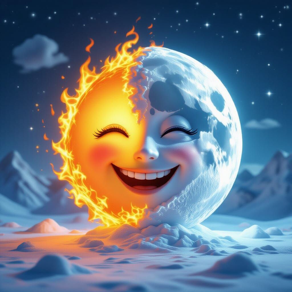 Fiery Sun and Icy Moon in Detailed 3D Render