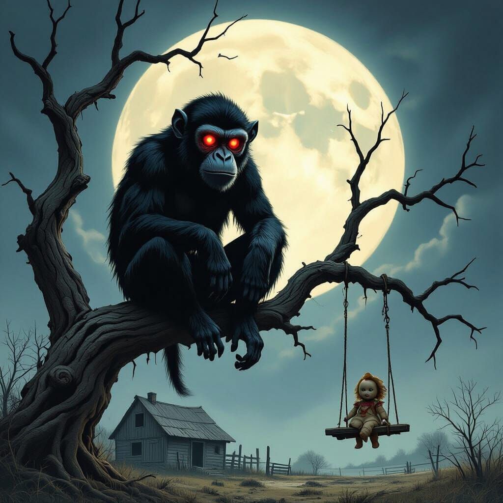 Menacing Black Monkey on Dead Tree Under Full Moon