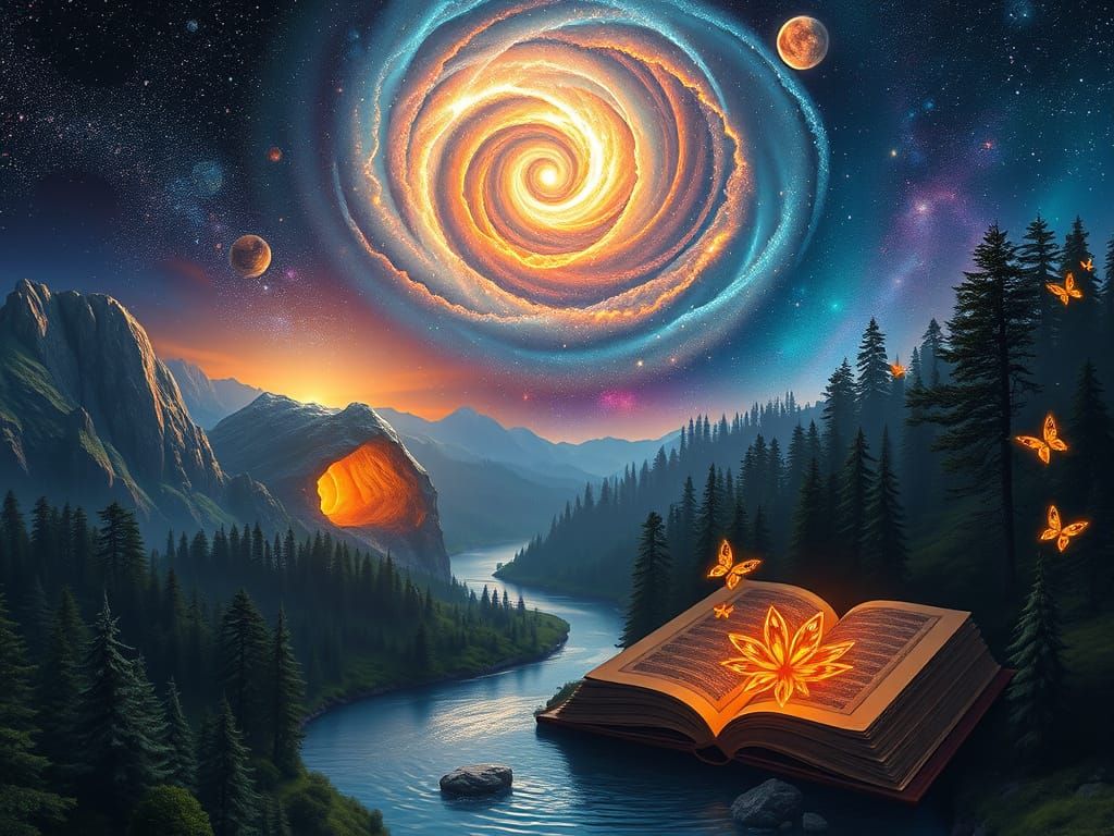 Cosmic Fantasy Landscape with Glowing Galaxy and Enchanted B...