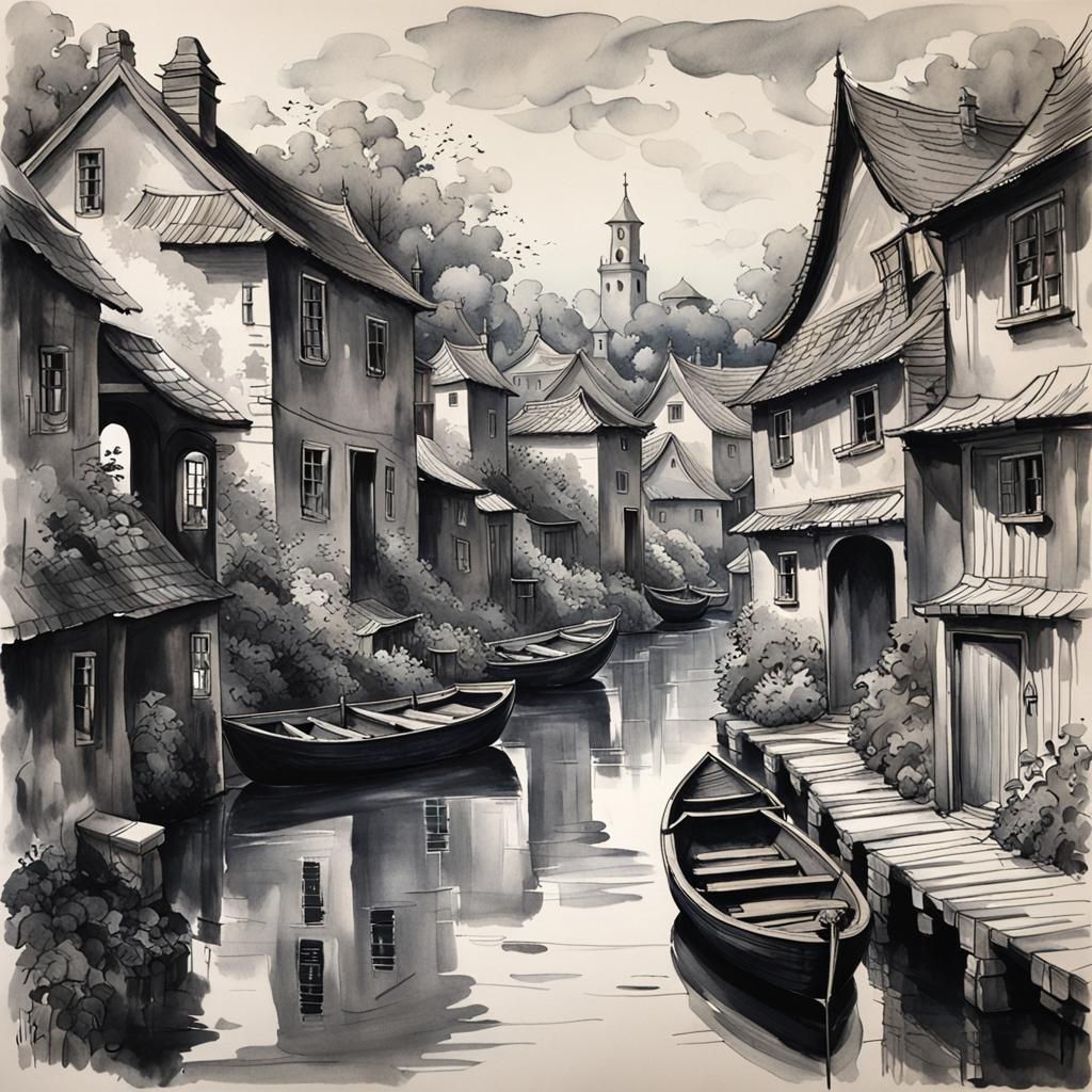 Idyllic Grey Water Village in Ink Wash Style