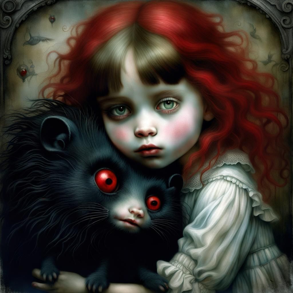 Girl Snuggling Fuzzy Beasts: Dark Fairytale Photo