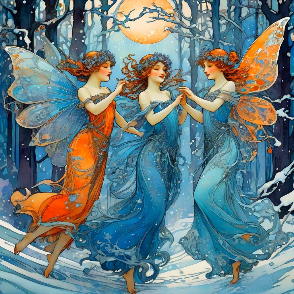 Ethereal Winter Fairies Dance in Art Nouveau Style