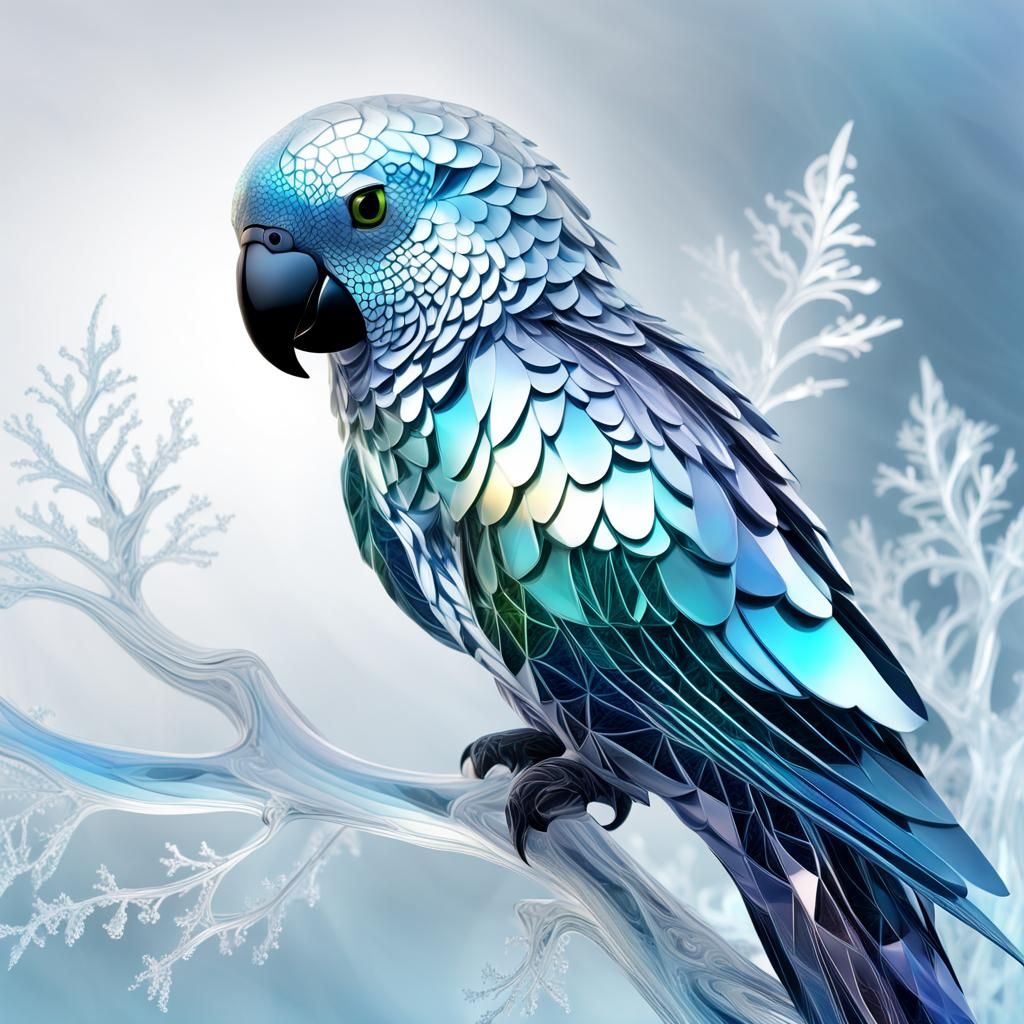 Iridescent Ice Parrot on Frosty Branch: 3D Render