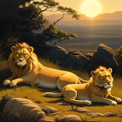 Lions Lounging on Savanna, Painterly Style