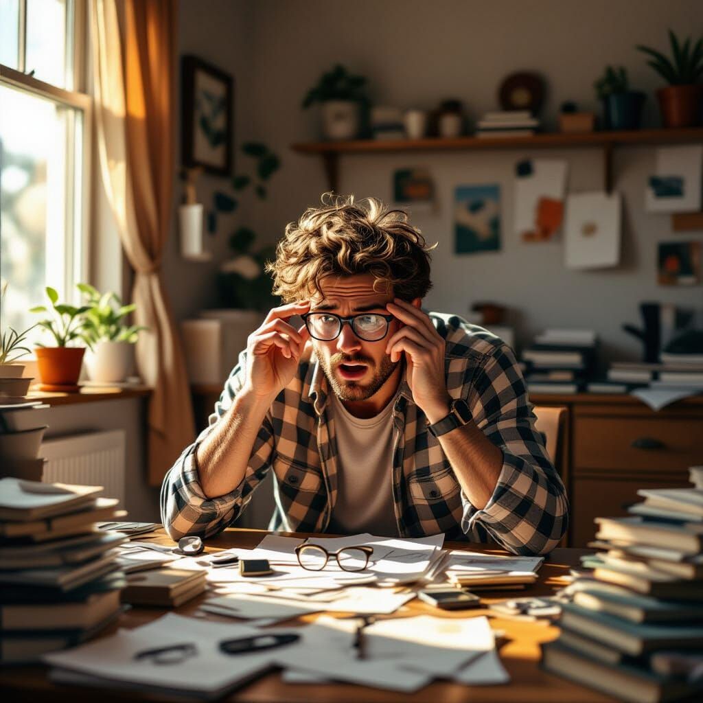 Man Frantically Searches Cluttered Room for Glasses