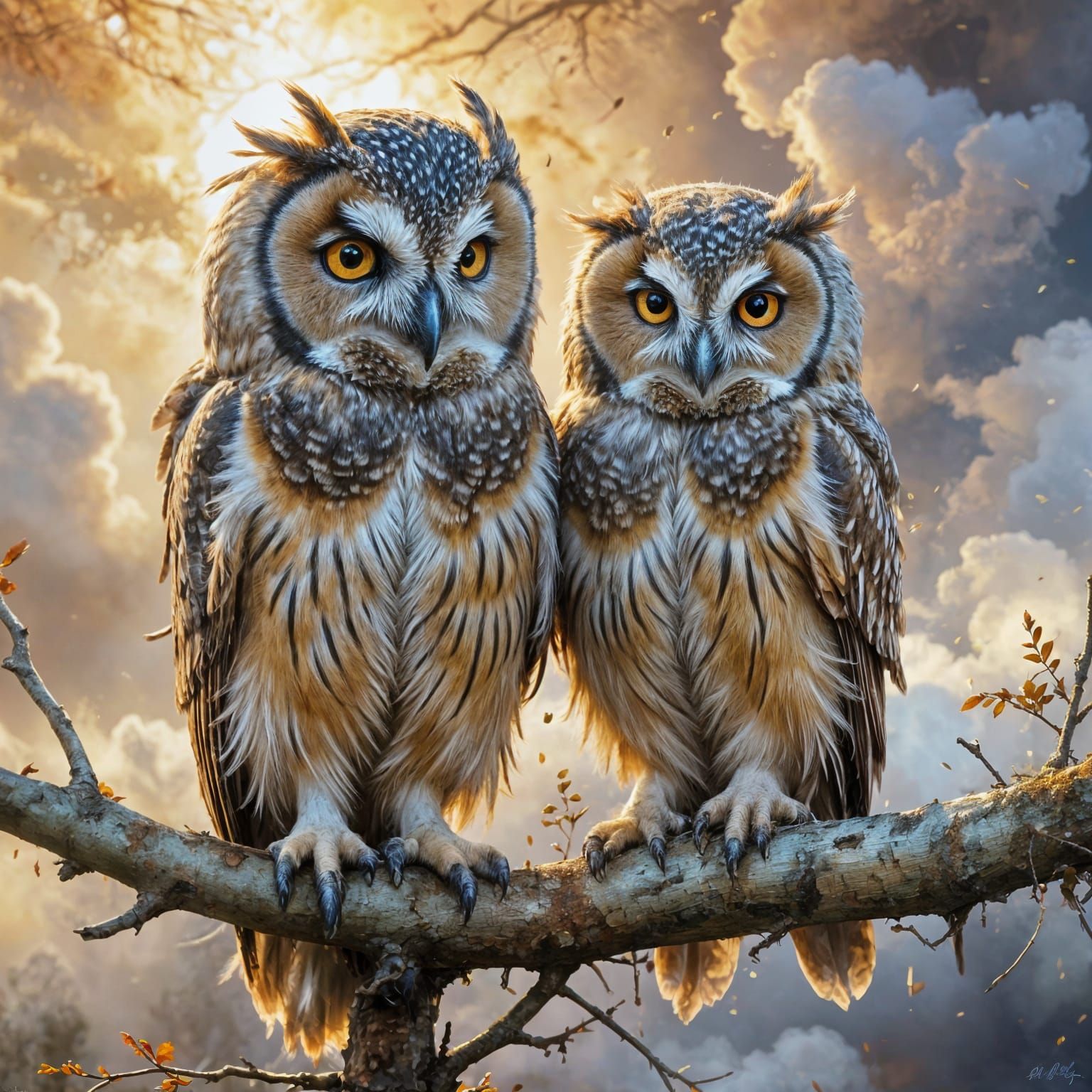 Affectionate Owls in Impressionistic Sunset