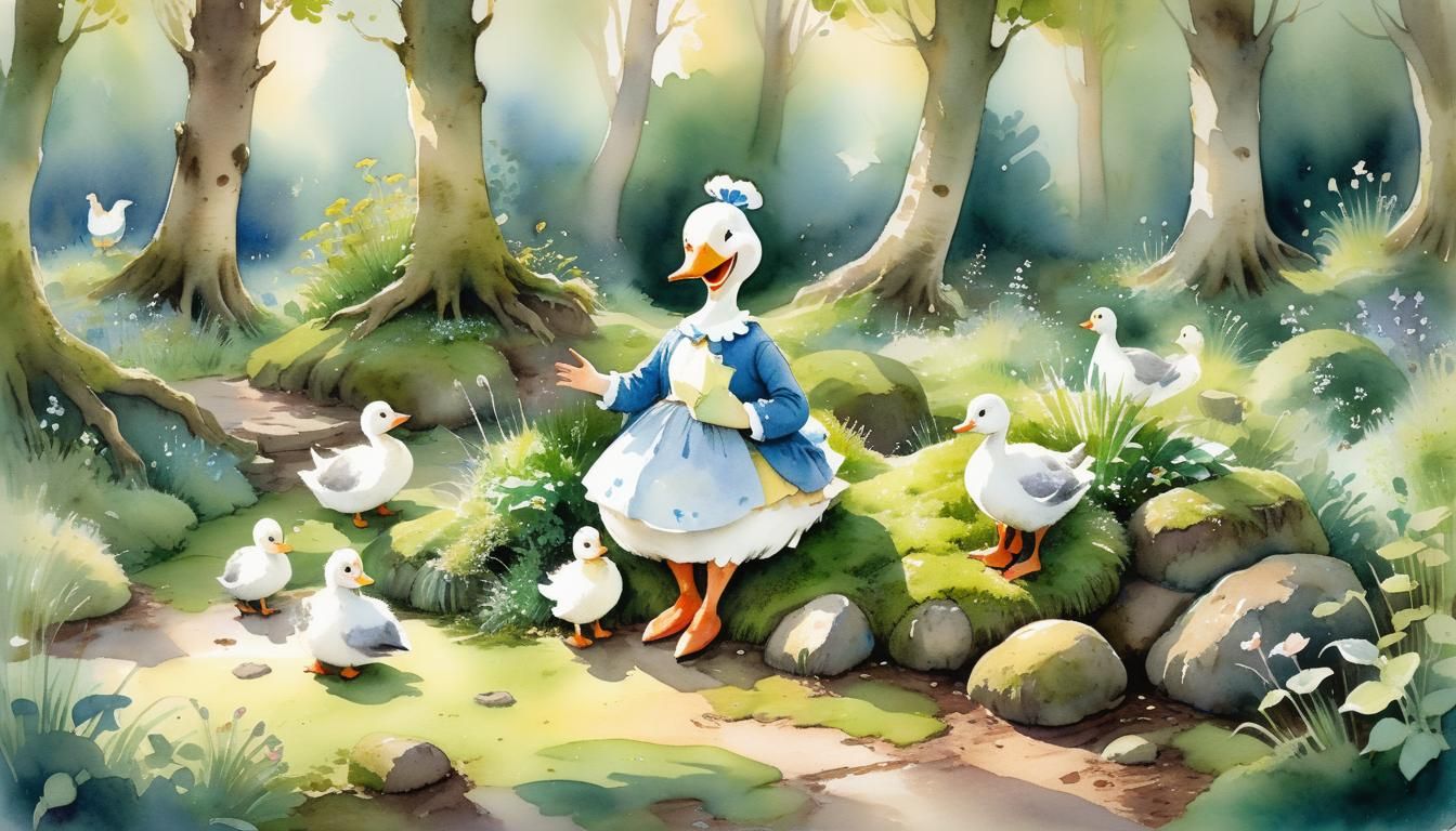 Whimsical Mother Goose Watercolor in Lush Garden