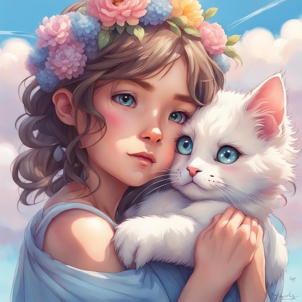 Anime Girl and Kitten in Pastel Watercolors