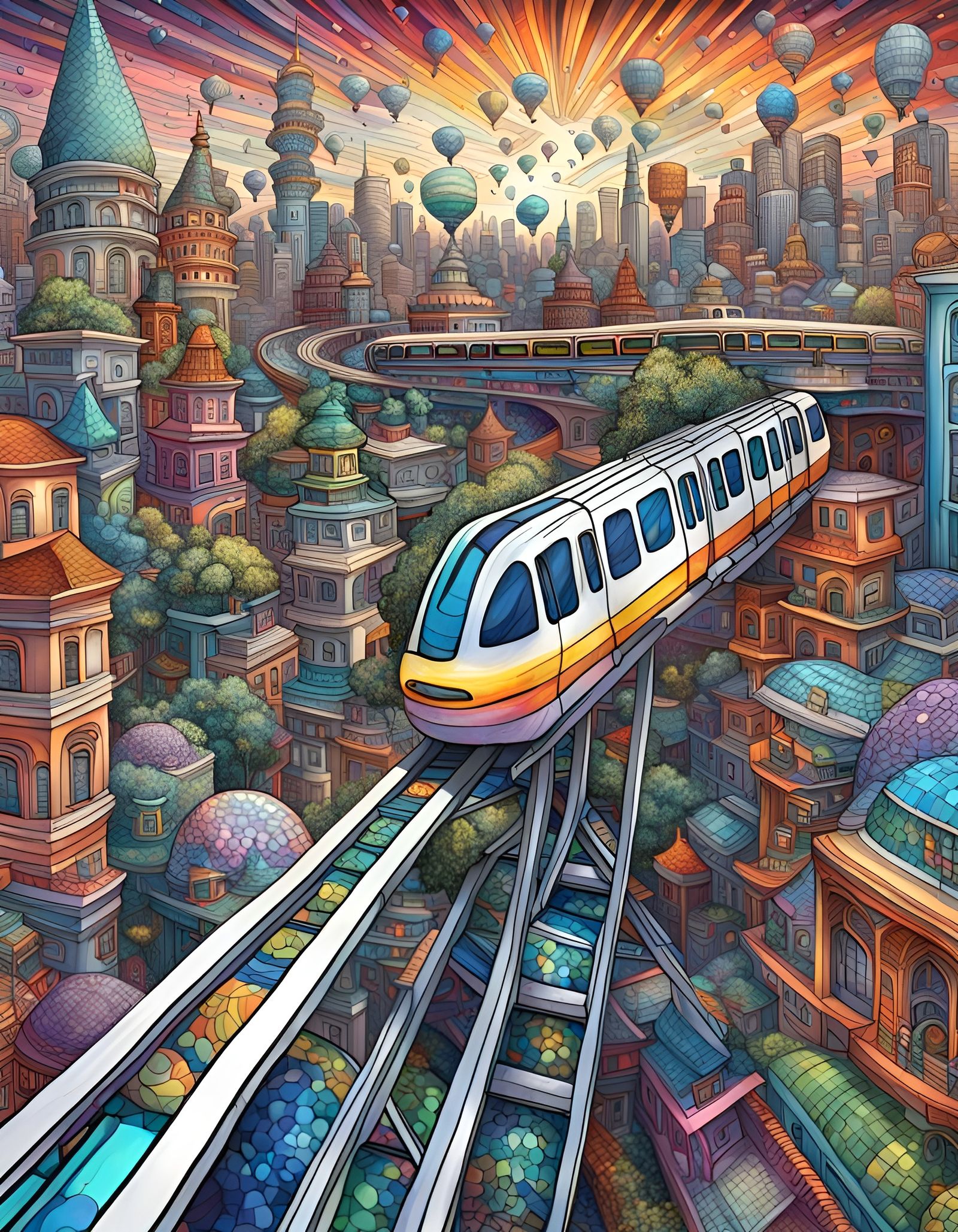 Monorail Through City: Surreal Zentangle Fantasy Art
