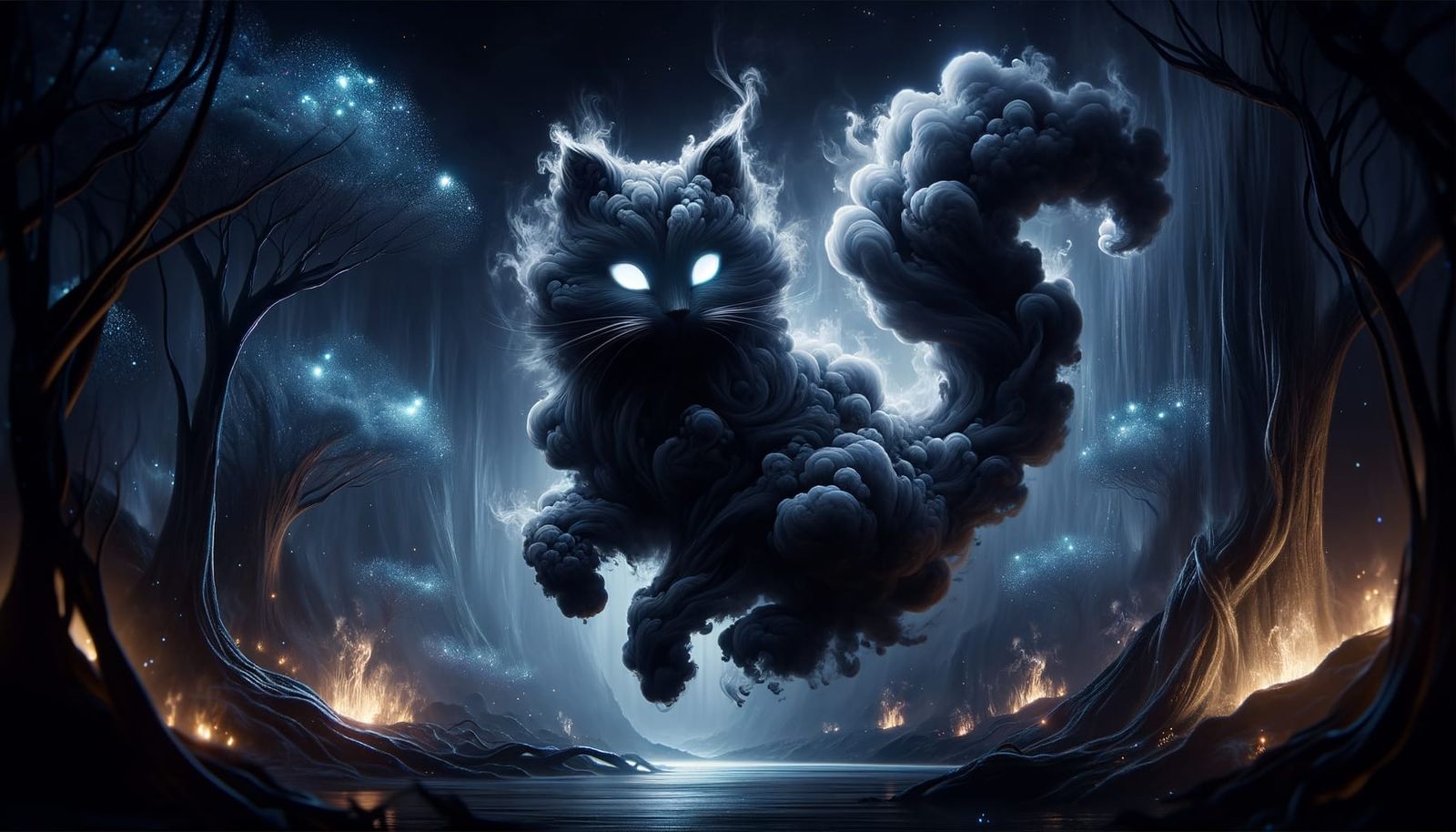 Ethereal Black Smoke Cat in Fantasy Landscape