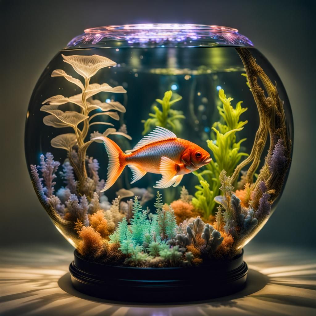 Bioluminescent Fish in Hyperreal Glass Fishbowl
