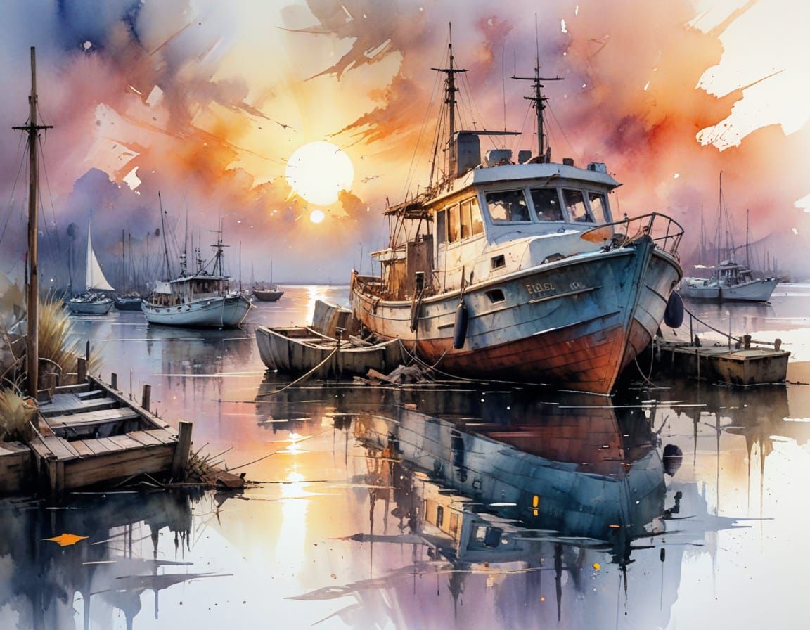 Sunset Dock: Stylized Watercolor Painting