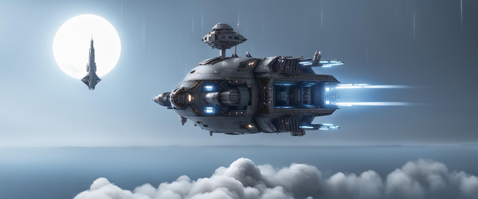 Detailed Spacecraft Over Foggy Cityscape