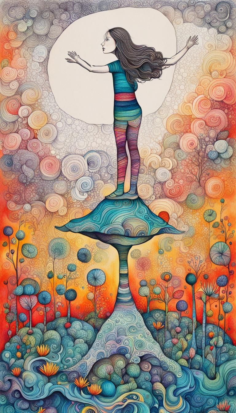 Whimsical Ink Drawing of Upside-Down Woman