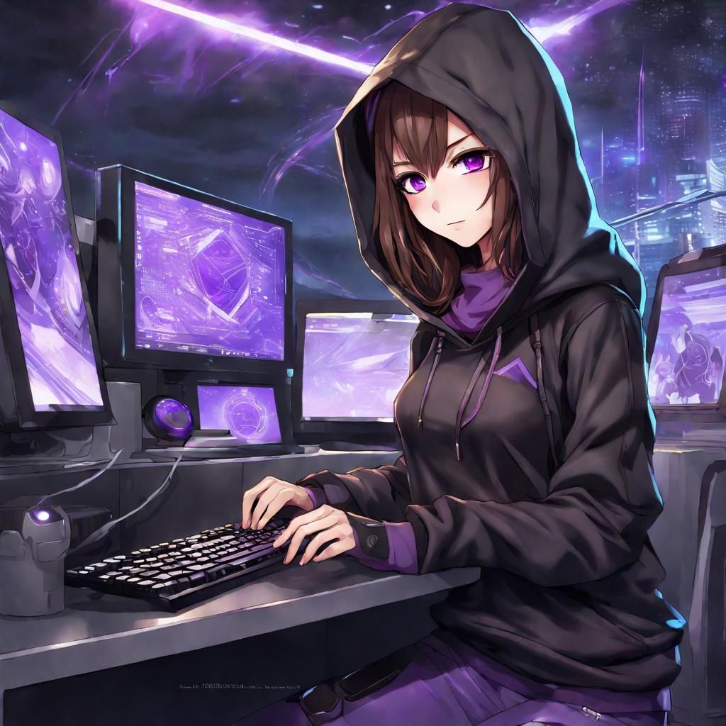 Futuristic Girl at Computer: Anime Style Illustration