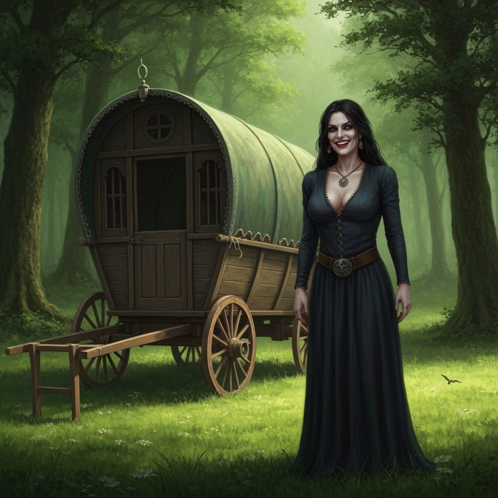 Gypsy Wagon and Sinister Romani Woman in Forest Glade