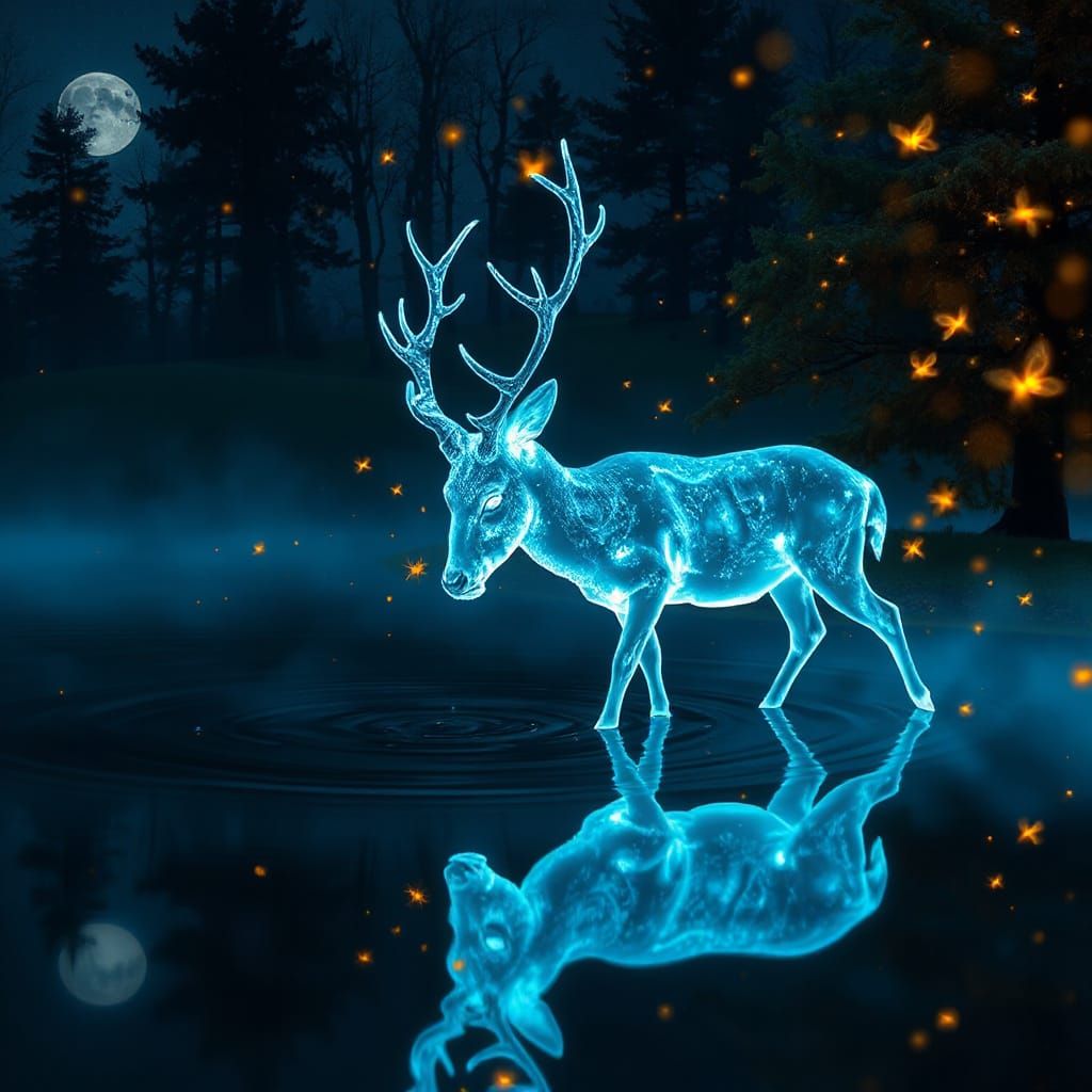 Luminescent Blue Smoke Deer at Moonlit Lake